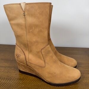 UGG Boots‎ Womens 10 Tan Leather Joely Wedge Shearling Winter Waterproof Y2K